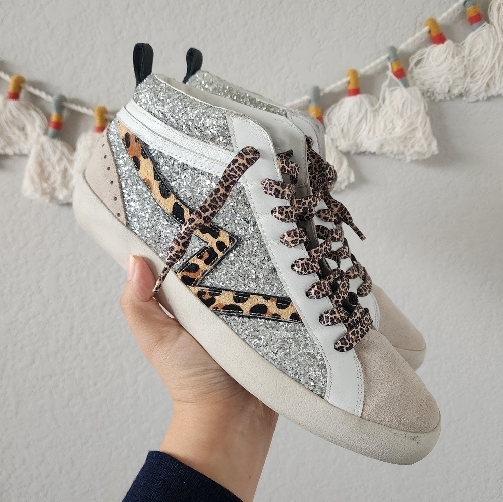 Gianni Bini Emmitt Leather Suede Glitter High Top Sneaker White Gray Comfort 10